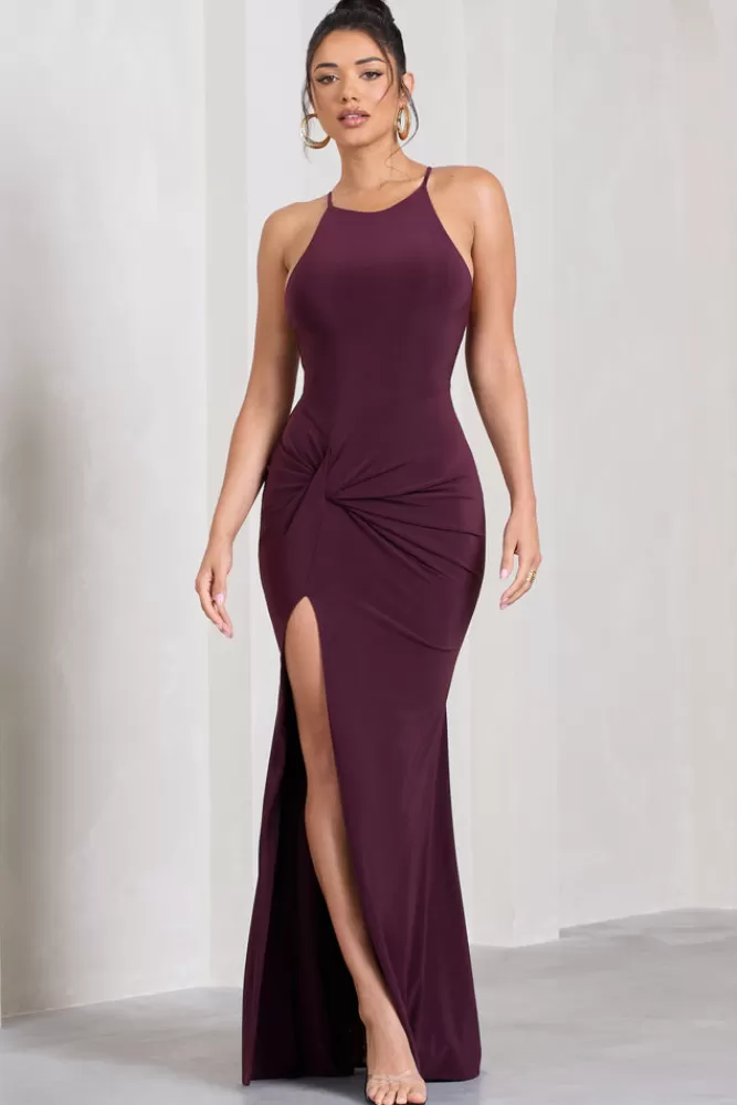 Club L London Stellar | Halter-Neck Twisted Split Maxi Dress PLUM Store