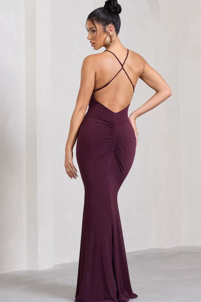 Club L London Stellar | Halter-Neck Twisted Split Maxi Dress PLUM Store