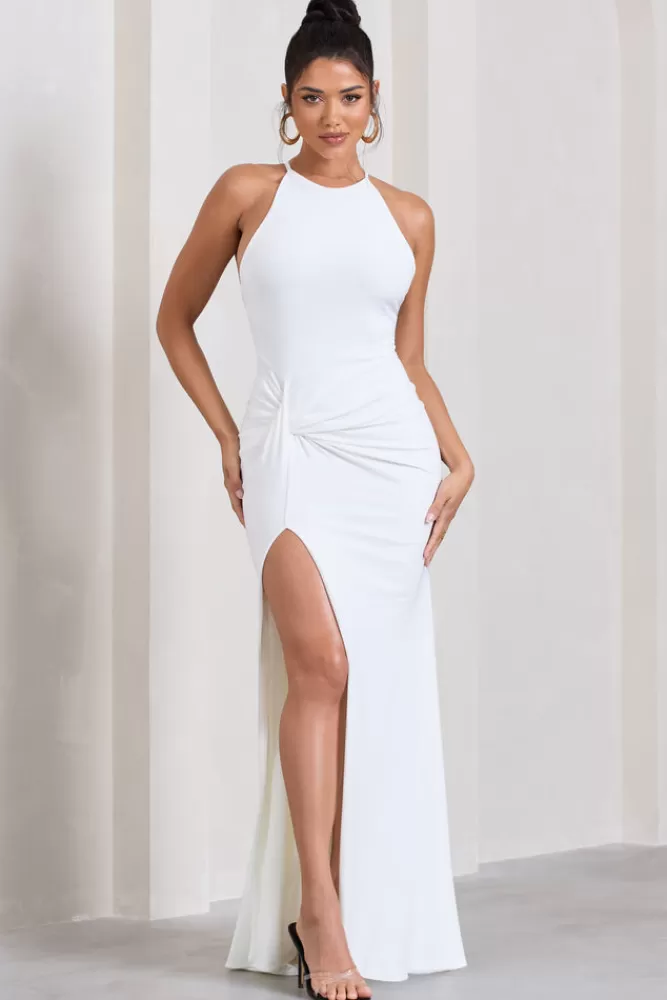 Club L London Stellar | Halter-Neck Twisted Split Maxi Dress WHITE Cheap