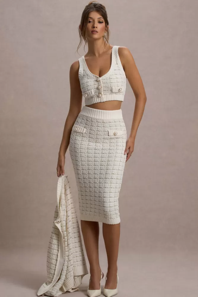 Club L London Stellina | Boucle High-Waist Bodycon Midi Skirt CREAM Best Sale