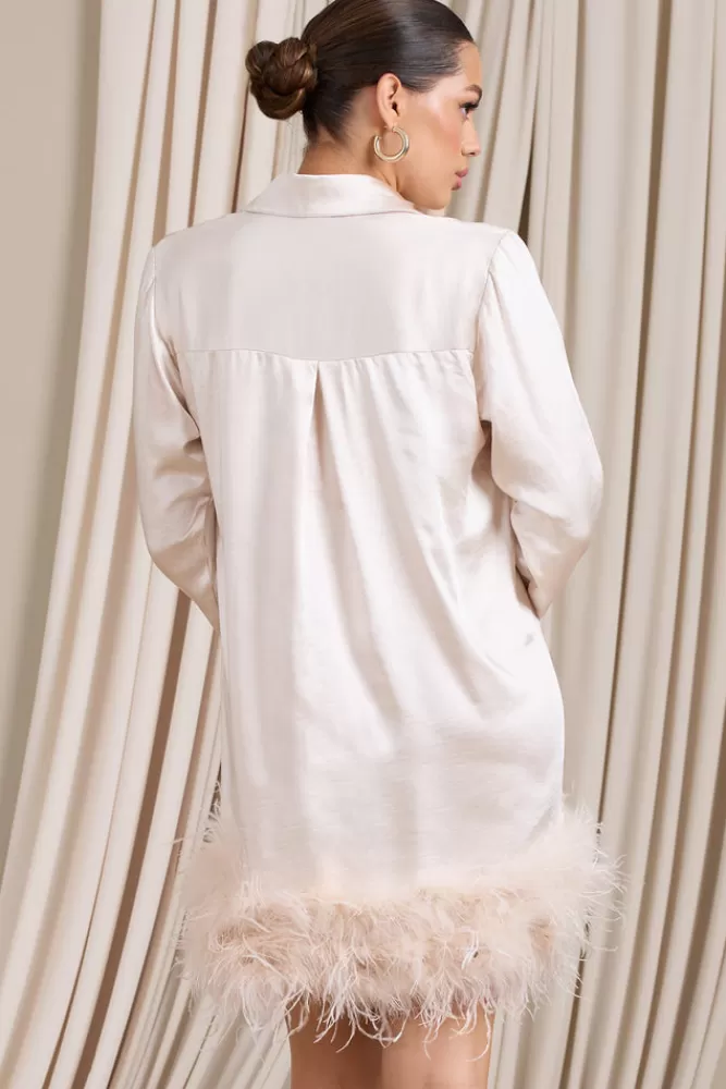 Club L London Step It Up | Ivory Satin Shirt Mini Dress With Feather Trim WHITE Fashion