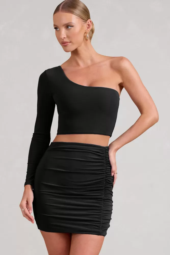 Club L London Step Up | Long Sleeve One Shoulder Crop Top BLACK Best Sale