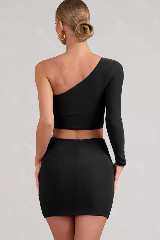 Club L London Step Up | Long Sleeve One Shoulder Crop Top BLACK Best Sale