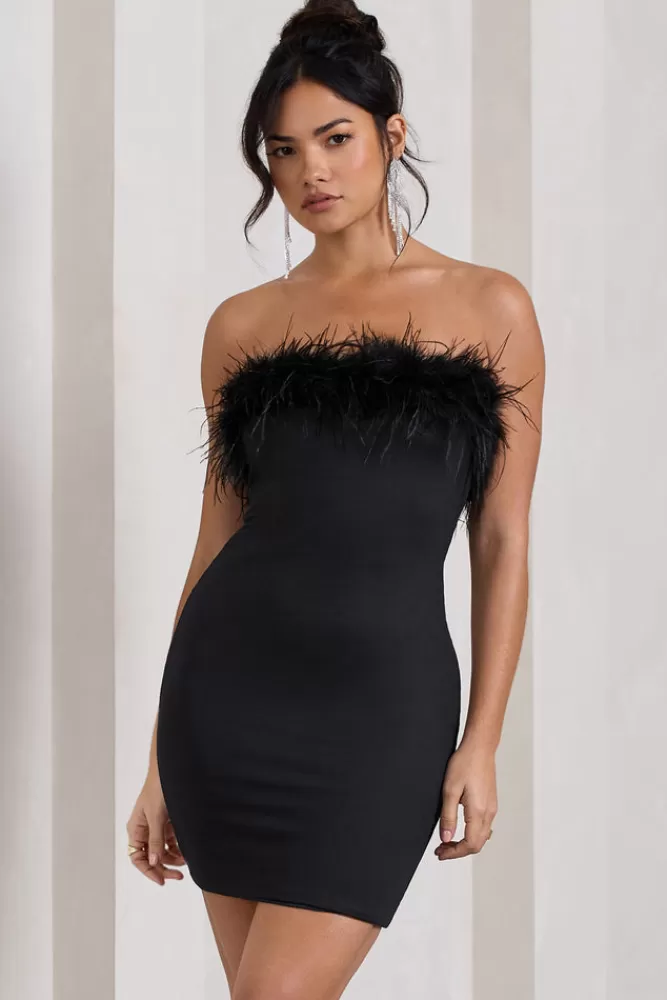 Club L London Stop The Show | Feather Trim Bandeau Mini Dress BLACK Cheap