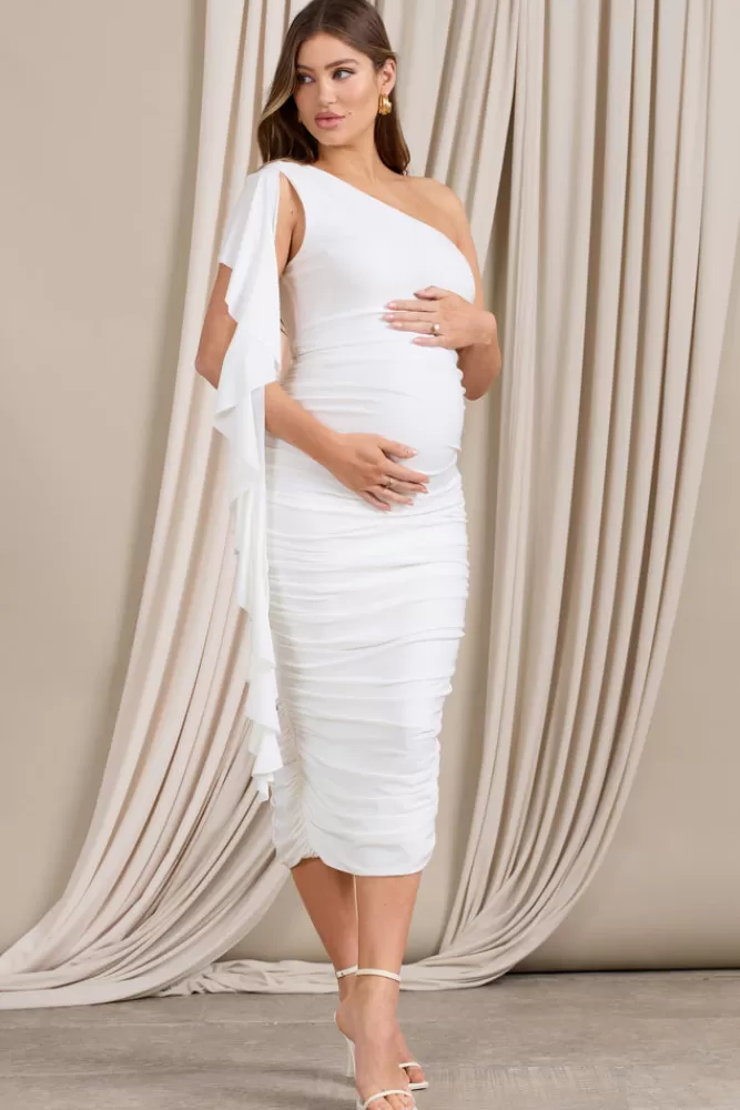 Club L London Streamer | Asymmetric Ruffled Maternity Midi Dress WHITE Discount