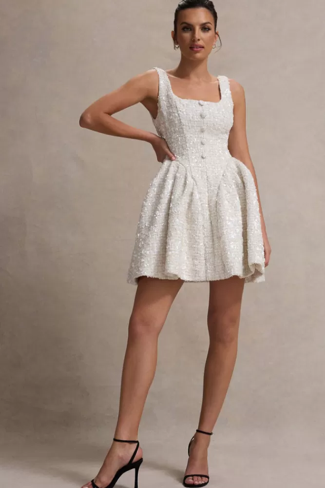 Club L London Sugar Plum | Boucle Square-Neck Mini Dress CREAM Discount