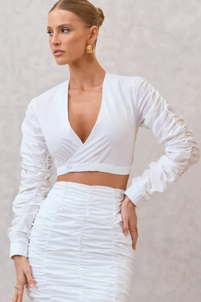 Club L London Sundown | Ruched Sleeve Wrap Detail Cropped Shirt White Best