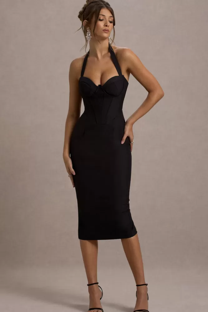 Club L London Supermodel | Halter-Neck Corset Midi Dress BLACK Cheap