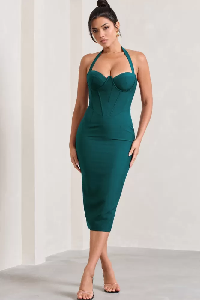 Club L London Supermodel | Bottle Green Halter-Neck Corset Midi Dress BOTTLEGREEN Shop