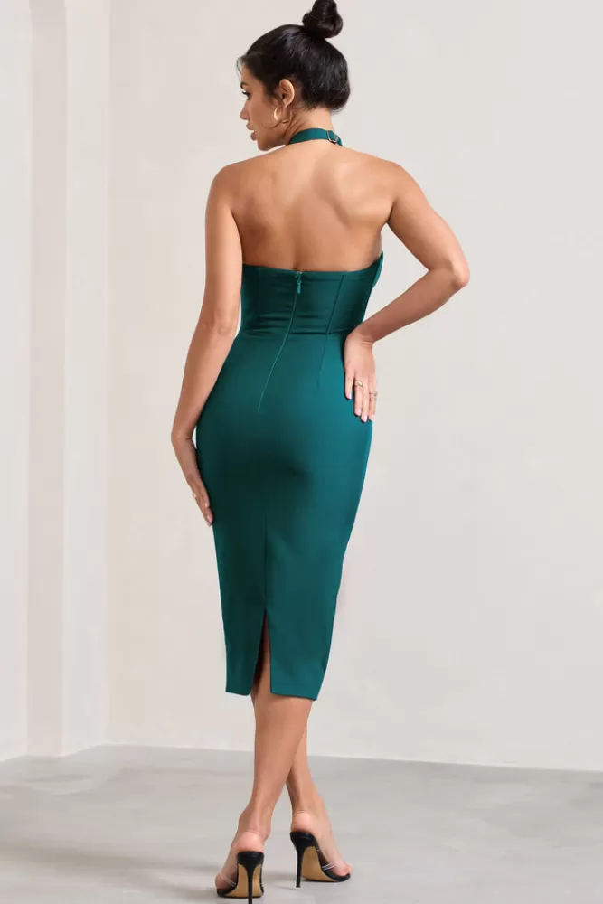 Club L London Supermodel | Bottle Green Halter-Neck Corset Midi Dress BOTTLEGREEN Shop