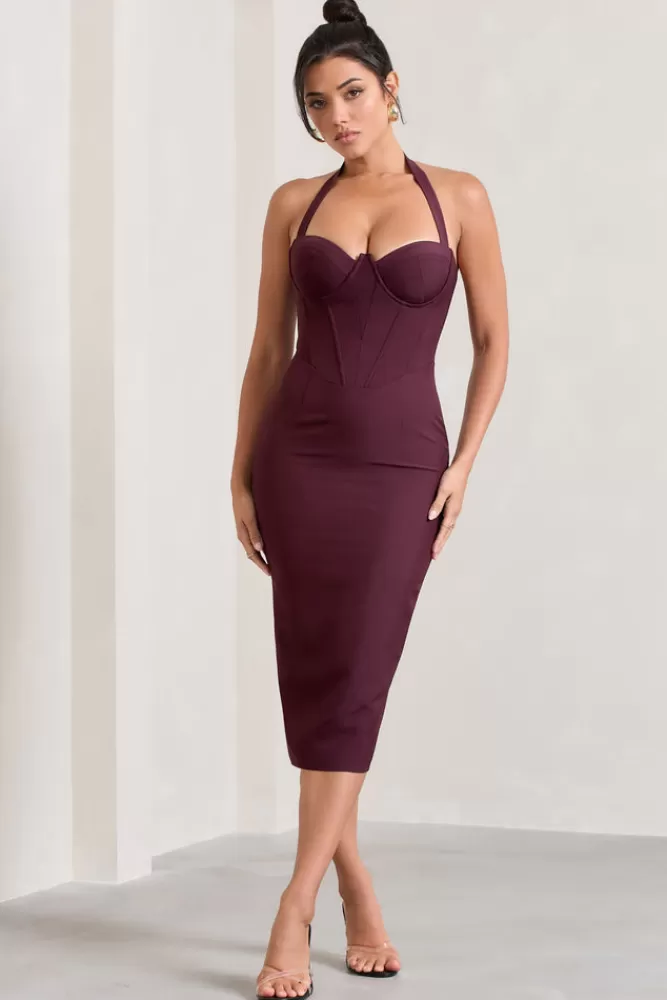 Club L London Supermodel | Halter-Neck Corset Midi Dress BURGUNDY Clearance