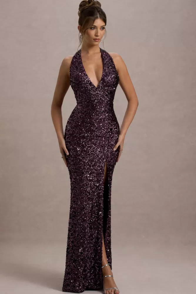 Club L London Superstition | Sequin Plunge-Neck Split Maxi Dress PLUM Hot