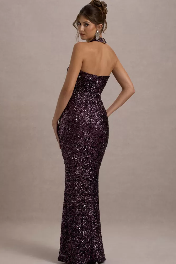 Club L London Superstition | Sequin Plunge-Neck Split Maxi Dress PLUM Hot