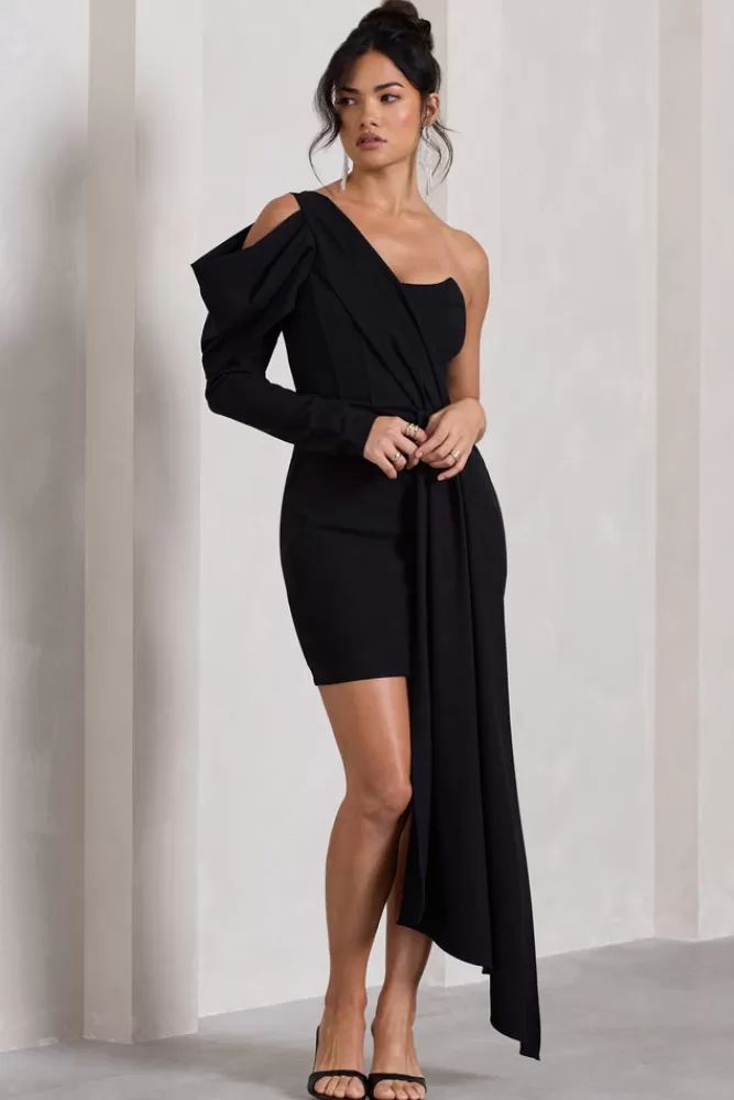 Club L London Surprise | One-Sleeved Corset Mini Dress With Draping BLACK Flash Sale
