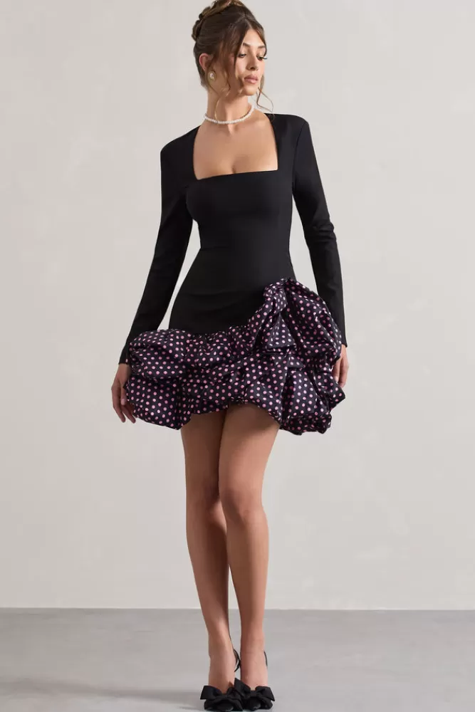 Club L London Surreal | Polka Dot Square-Neck Mini Dress With Ruffles BLACK Outlet