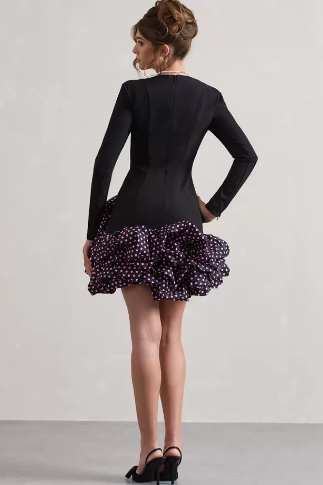 Club L London Surreal | Polka Dot Square-Neck Mini Dress With Ruffles BLACK Outlet