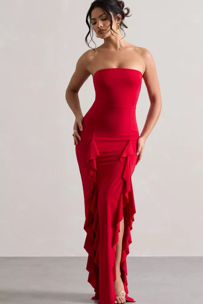 Club L London Susan | Bandeau Maxi Dress With Ruffled Splits RED Best