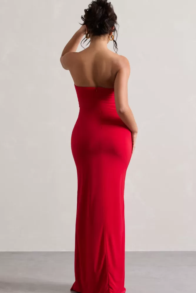 Club L London Susan | Bandeau Maxi Dress With Ruffled Splits RED Best