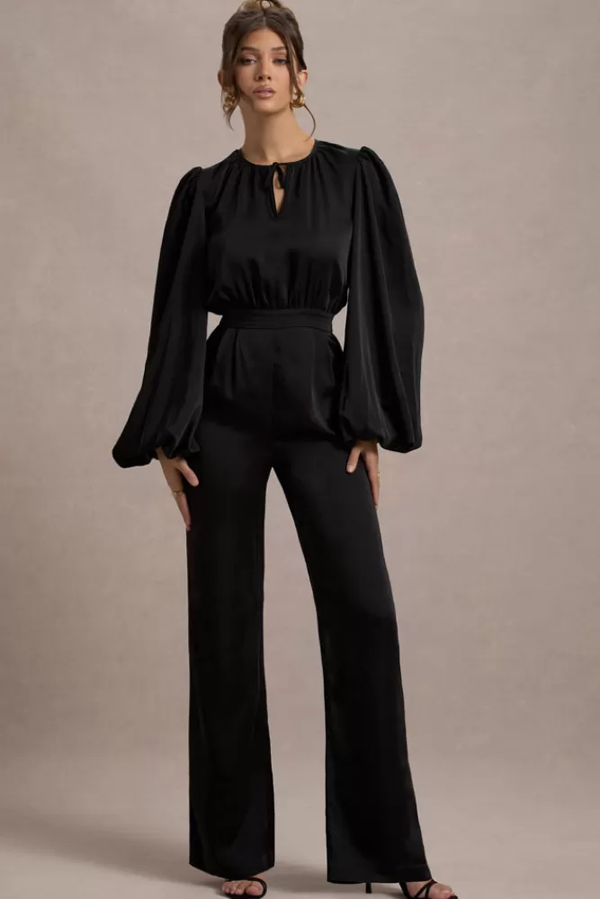 Club L London Suzanna | Satin Puff-Sleeve Wide-Leg Jumpsuit BLACK Online