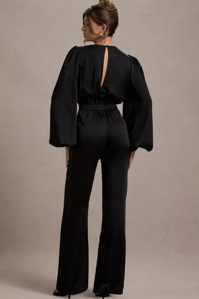 Club L London Suzanna | Satin Puff-Sleeve Wide-Leg Jumpsuit BLACK Online