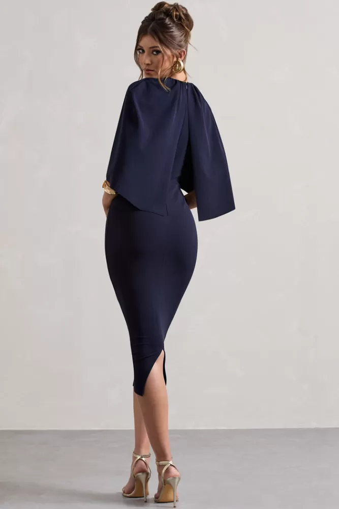 Club L London Sweeney | Draped Short-Sleeve Midi Dress NAVY Hot