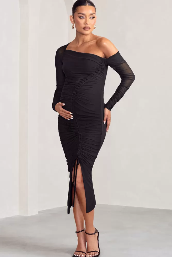 Club L London Sweet Dreams | Maternity Asymmetric Ruched Midi Dress Black Cheap