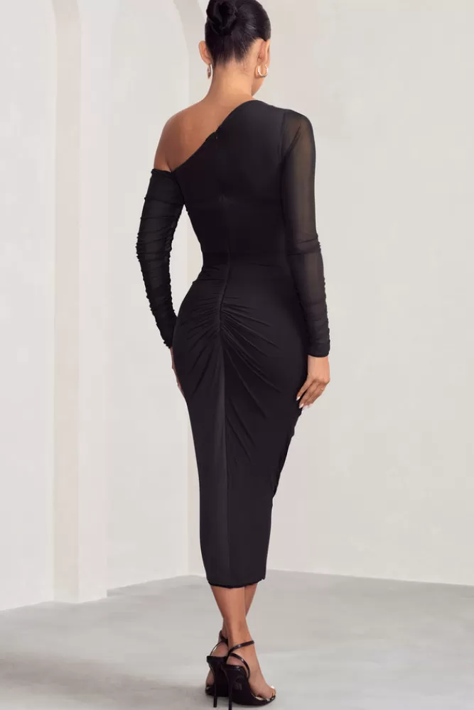 Club L London Sweet Dreams | Maternity Asymmetric Ruched Midi Dress Black Cheap