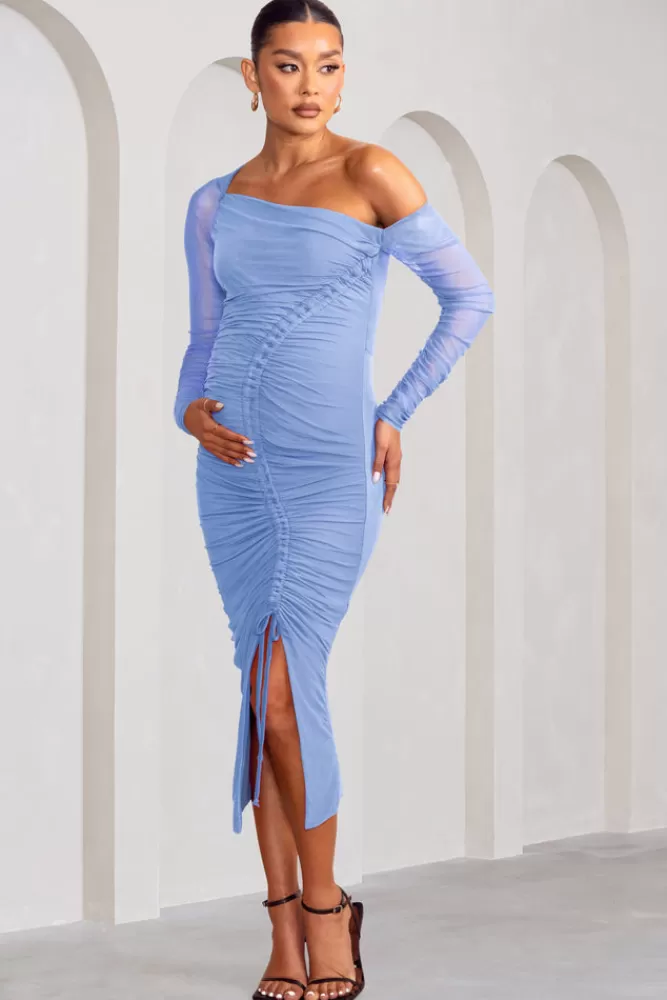 Club L London Sweet Dreams | Powder Blue Maternity Asymmetric Ruched Midi Dress PowderBlue Cheap