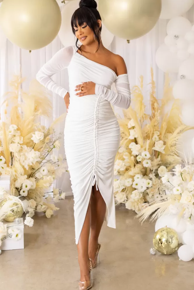 Club L London Sweet Dreams | Maternity Asymmetric Ruched Midi Dress White Flash Sale