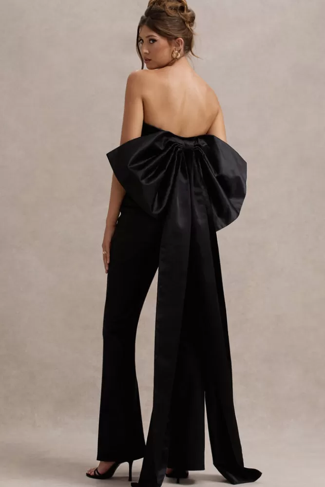 Club L London Sweet Escape | Satin Crop Top With Oversized Satin Bow BLACK Shop