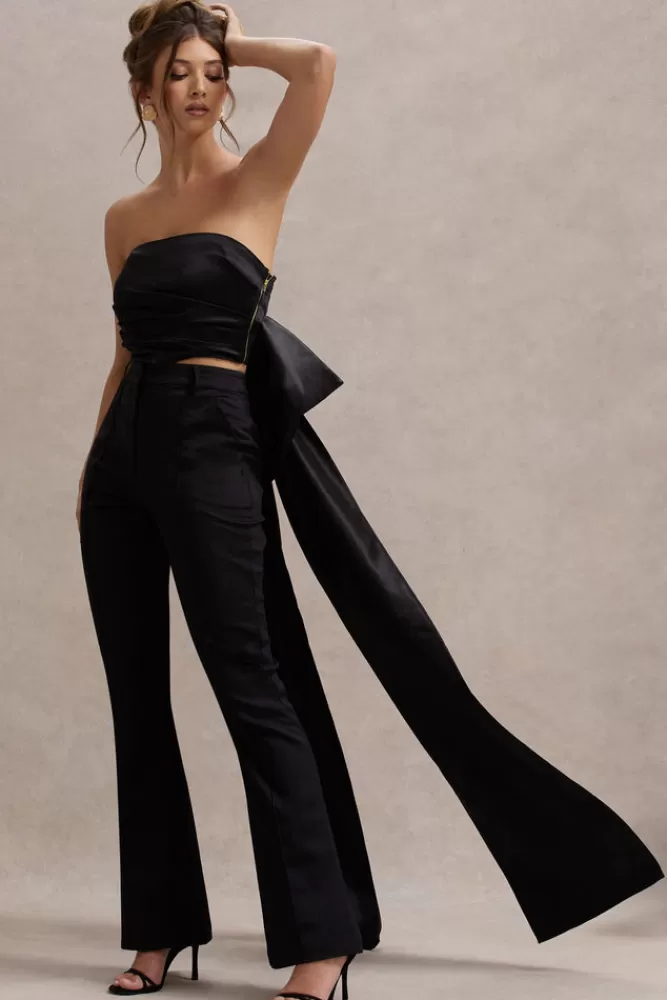 Club L London Sweet Escape | Satin Crop Top With Oversized Satin Bow BLACK Shop