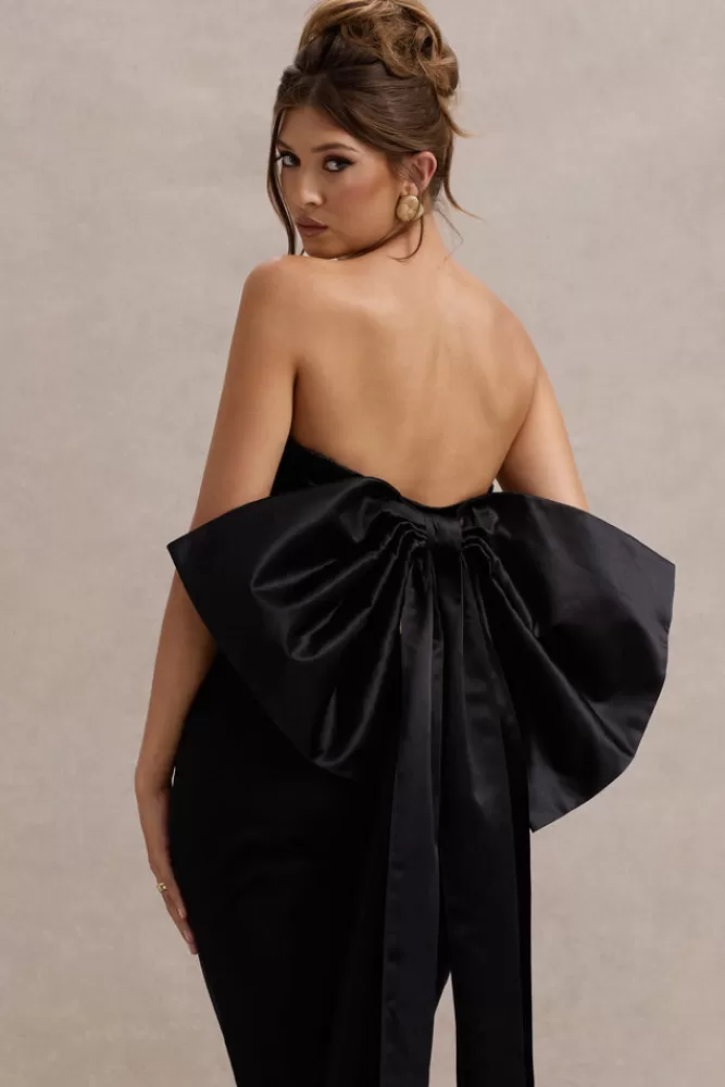 Club L London Sweet Escape | Satin Crop Top With Oversized Satin Bow BLACK Shop