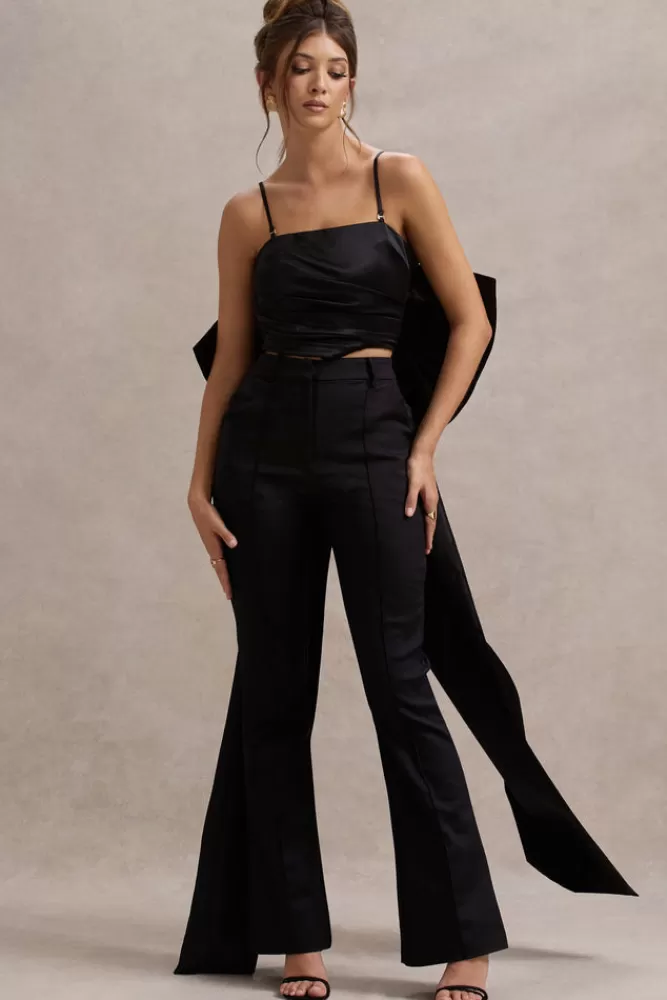 Club L London Sweet Escape | Satin Crop Top With Oversized Satin Bow BLACK Shop