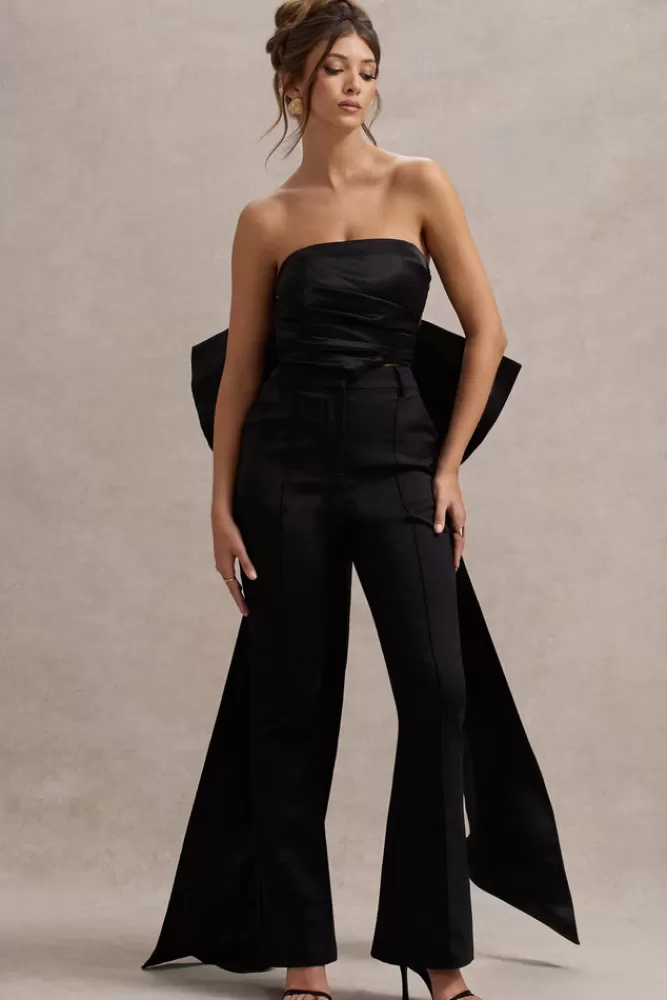 Club L London Sweet Escape | Satin Crop Top With Oversized Satin Bow BLACK Shop
