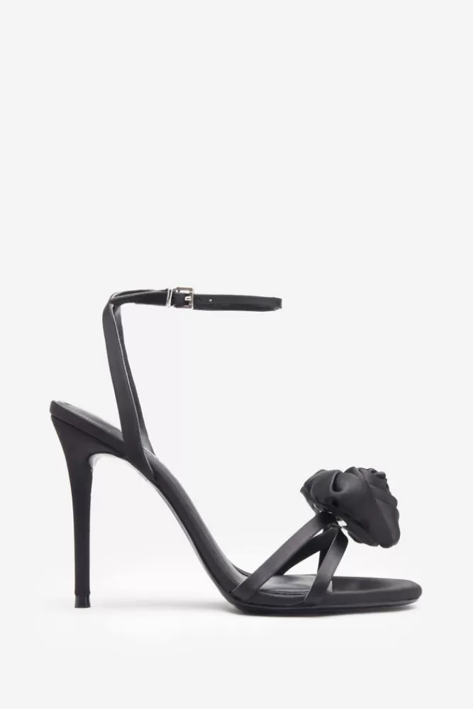 Club L London Sweet Step | Black Satin Strappy Heeled Sandals With Flowers BLACKSATIN Best