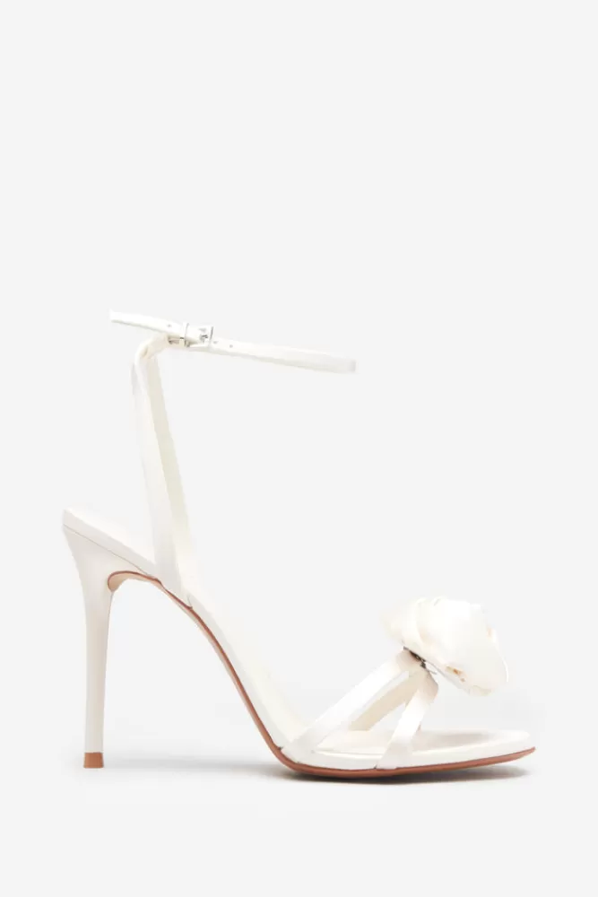 Club L London Sweet Step | Satin Strappy Heeled Sandals With Flowers IVORY Sale