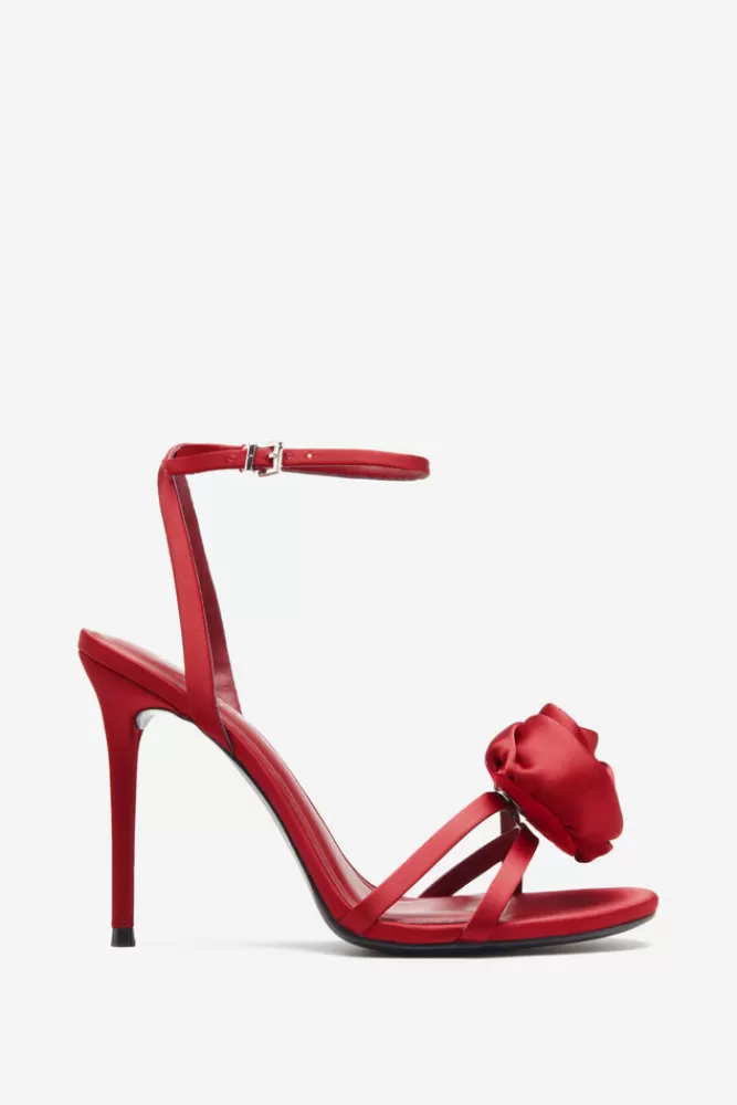 Club L London Sweet Step | Port Satin Strappy Heeled Sandals With Flowers CLARETSATIN Best