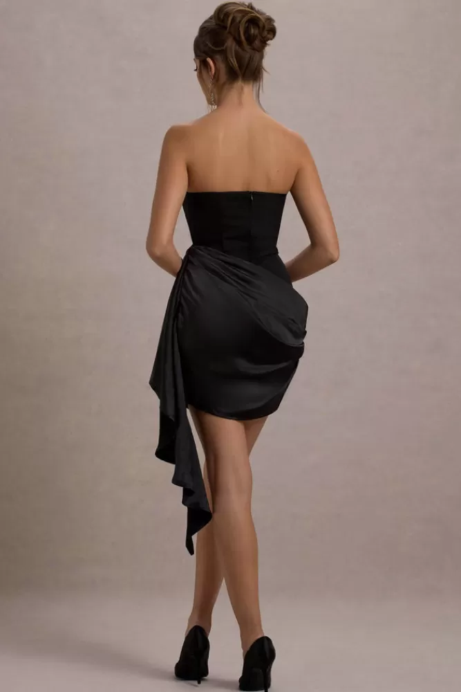 Club L London Sweet Talk | Satin Bandeau Mini Dress With Drape Skirt BLACK Hot