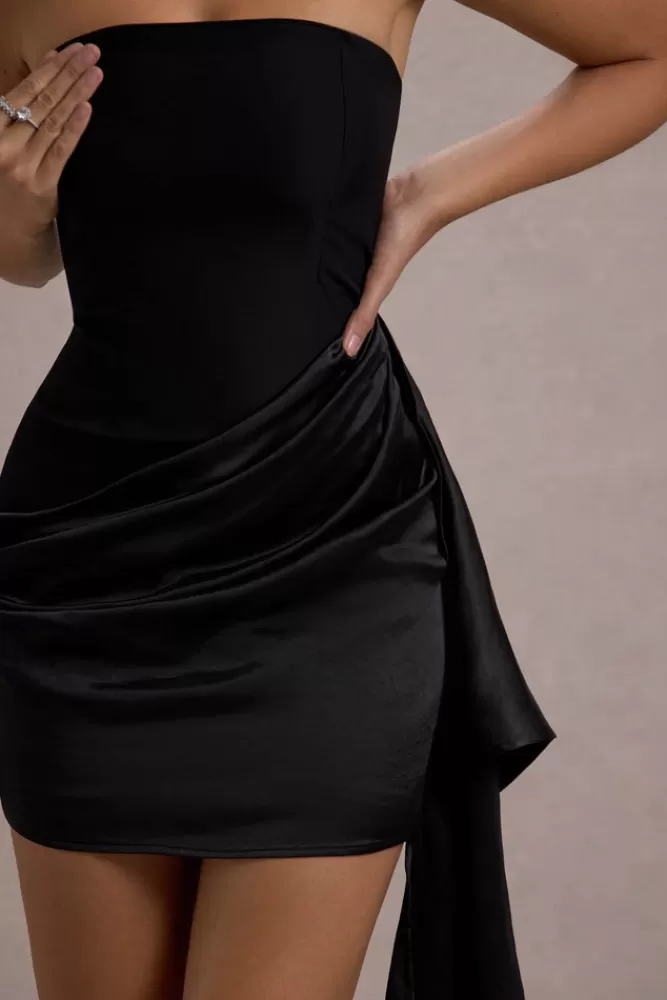 Club L London Sweet Talk | Satin Bandeau Mini Dress With Drape Skirt BLACK Hot