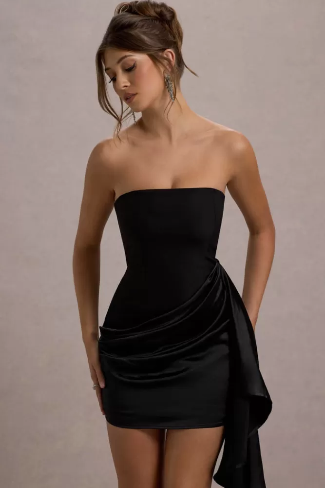 Club L London Sweet Talk | Satin Bandeau Mini Dress With Drape Skirt BLACK Hot