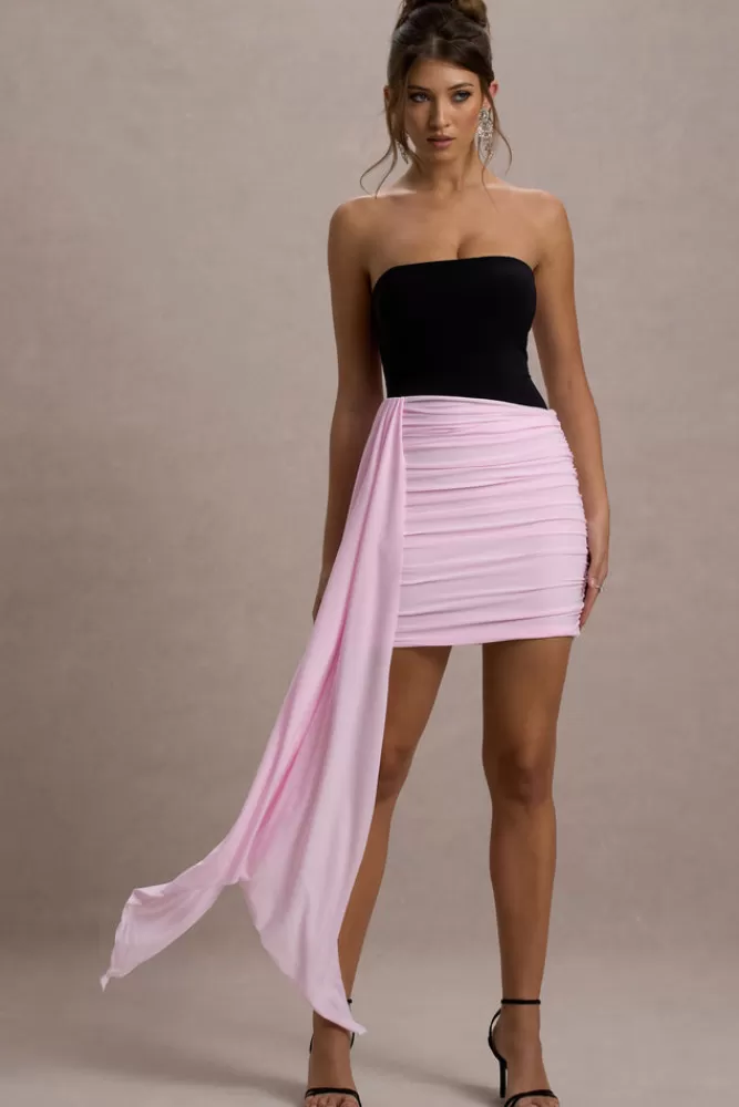 Club L London Sweetie | Black u0026 Pink Ruched Mini Dress With Drape BLACK/PINKTULLE Store