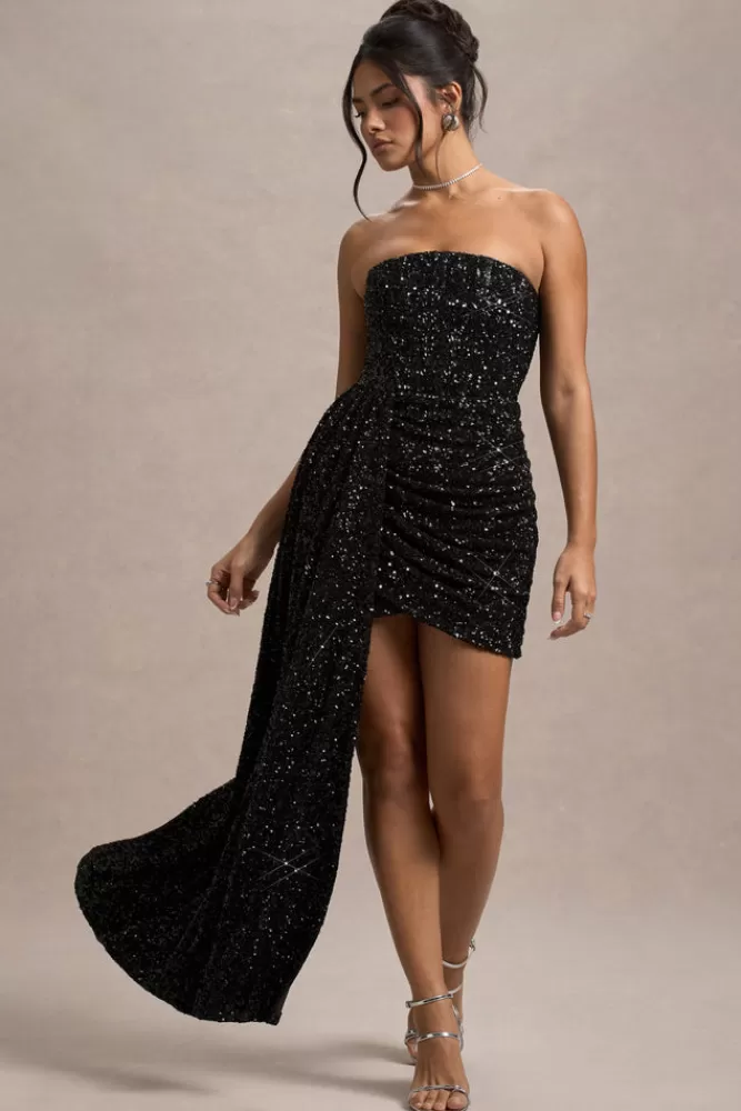 Club L London Swiftly | Sequin Corset Bandeau Mini Dress With Drape BLACK Online