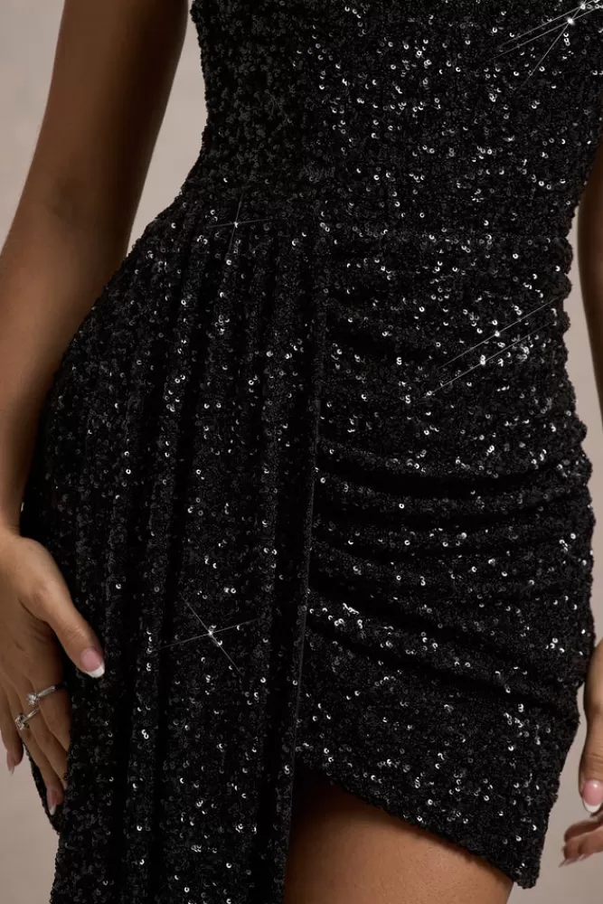 Club L London Swiftly | Sequin Corset Bandeau Mini Dress With Drape BLACK Online