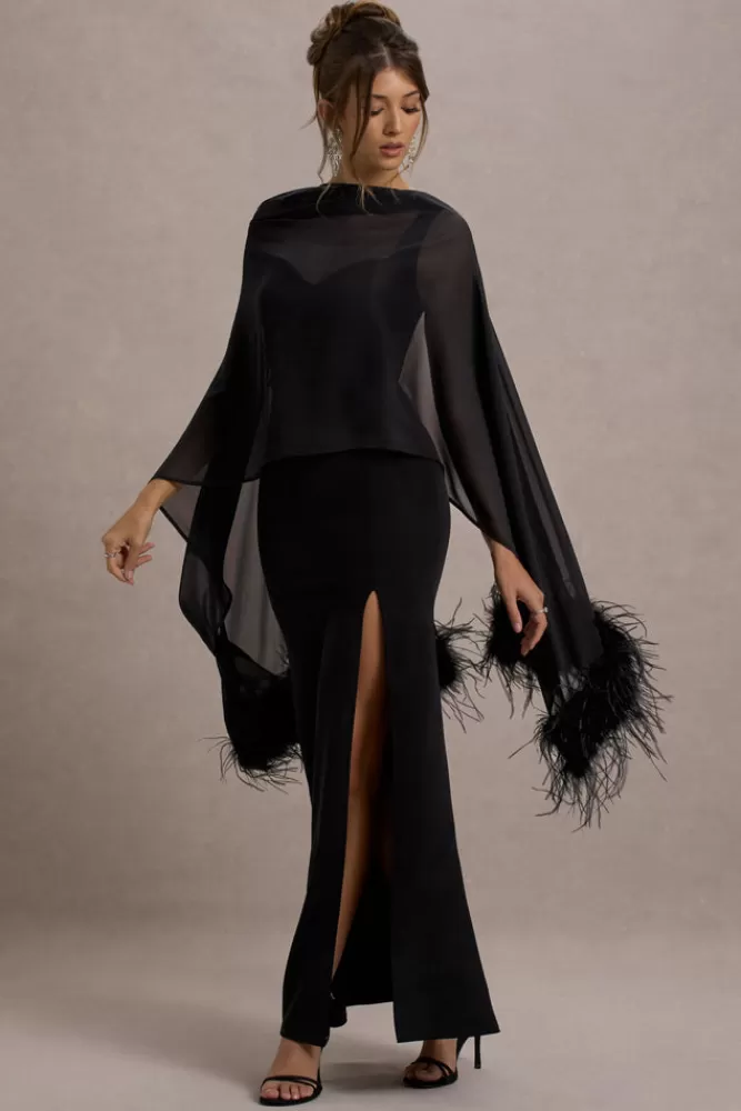 Club L London Swoon | Chiffon Feather-Trim Shawl BLACK Cheap