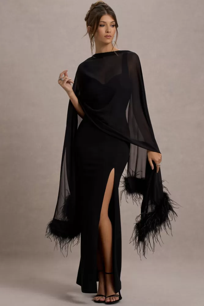 Club L London Swoon | Chiffon Feather-Trim Shawl BLACK Cheap