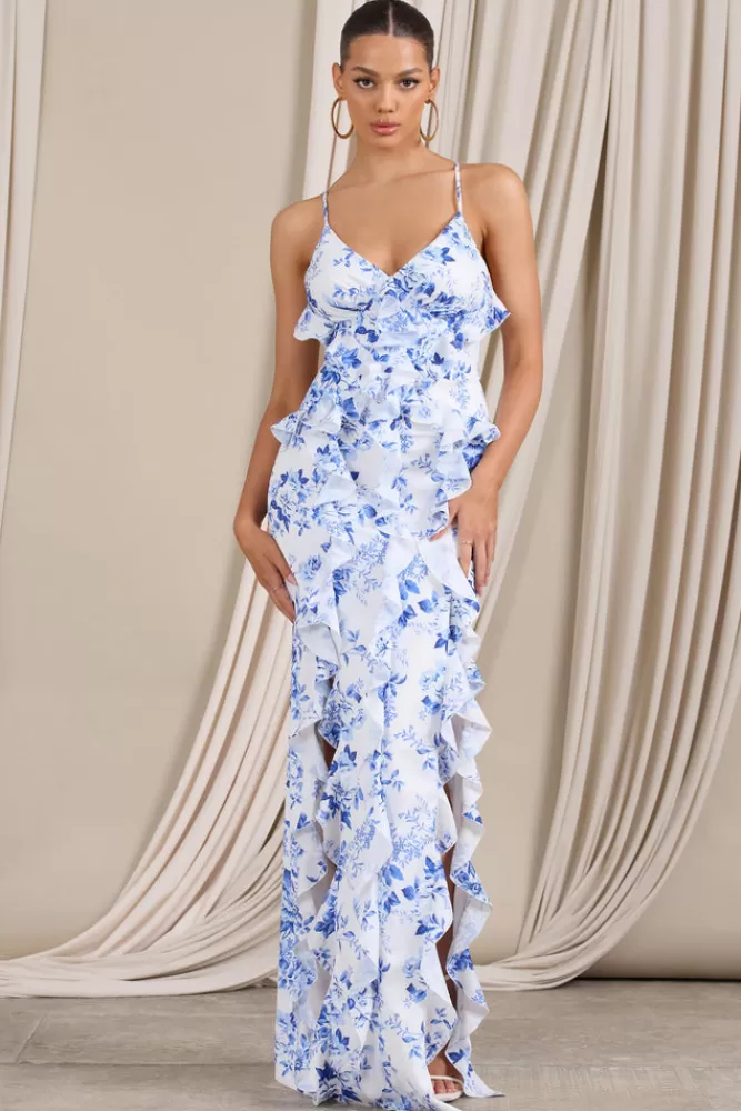 Club L London Syrah | Blue Floral Ruffled Strappy Maxi Dress MULTI Cheap