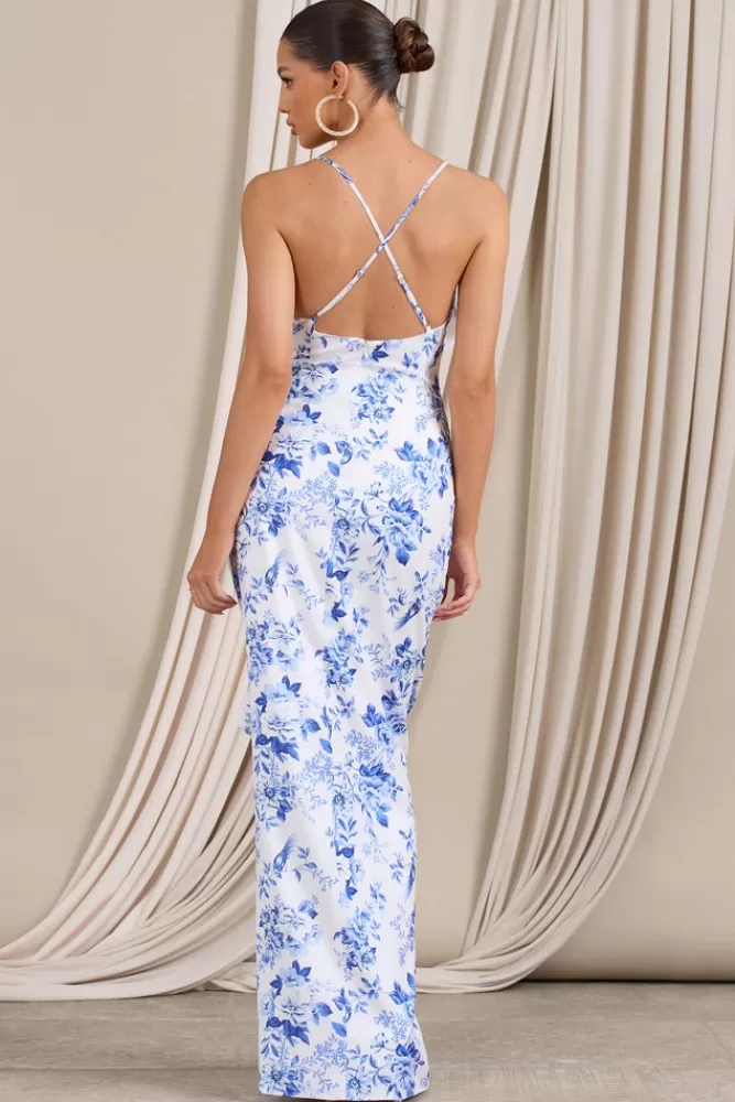 Club L London Syrah | Blue Floral Ruffled Strappy Maxi Dress MULTI Cheap