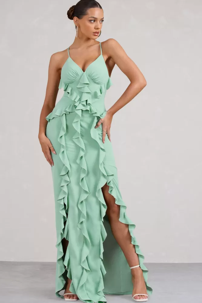 Club L London Syrah | Green Chiffon Ruffle Cami Maxi Dress MINT Cheap