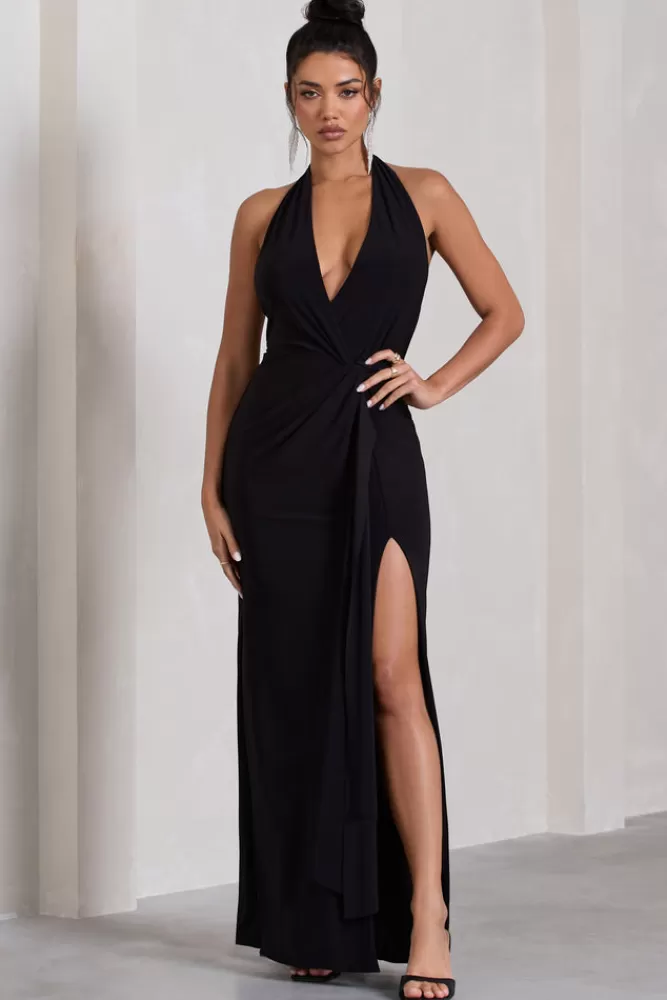 Club L London Tabloid Talk | Plunge Halter-Neck Maxi Dress With Twisted Drape BLACK Store