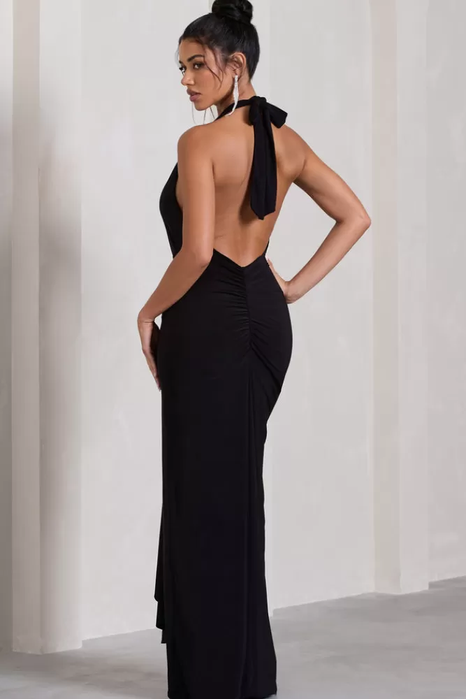 Club L London Tabloid Talk | Plunge Halter-Neck Maxi Dress With Twisted Drape BLACK Store